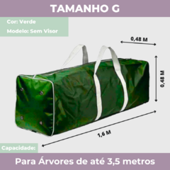 Bolsa organizadora verde para árvore de Natal, modelo sem visor, com dimensões de 1,6 m x 0,48 m, capacidade para árvores de até 3,5 metros.