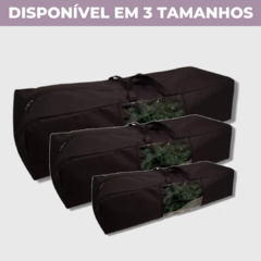 Três bolsas organizadoras pretas para árvore de Natal, disponíveis em tamanhos variados.