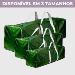 Conjunto de três bolsas organizadoras verdes para árvore de Natal, disponíveis em tamanhos variados.