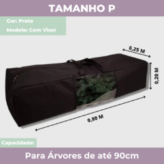 Bag organizadora preta para árvore de Natal, modelo com visor, tamanho P, com medidas de 0,80 m de comprimento, 0,25 m de largura e 0,20 m de altura.