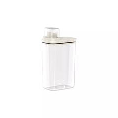 Dispenser com medidor transparente de 2,3 litros, ideal para uso em lavanderias.