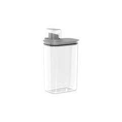 Dispensador transparente com medidor de 2,3 litros, ideal para áreas de serviço e lavanderia.