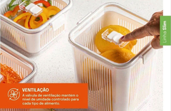 Pote Slim Multiuso 630ml com frutas dentro, destacando a válvula de ventilação para controle de umidade.