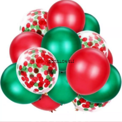 Set Globos Latex Y Con Confetti Navidad Verde Rojo Cotillon