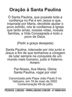Oração a Santa Paulina - 1000 unid - comprar online