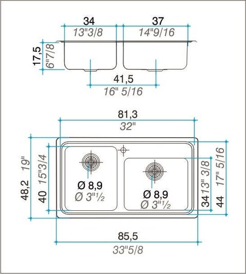 PILETA DOBLE Q85A JOHNSON 85,5X48,2X17,5CM ACERO INOX 304 - comprar online