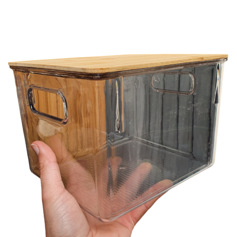 Caja Organizadora Plástico Transparente Tapa Madera Mediana