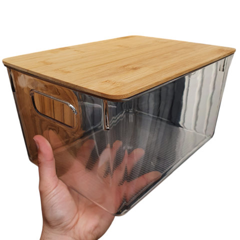 Caja Organizadora Plástico Transparente Tapa Madera Grande