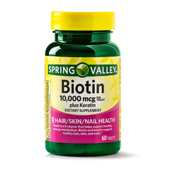 BIOTIN SPRING VALLEY 10,000 MCG PLUS KERATINA, 60 TABLETES EUA