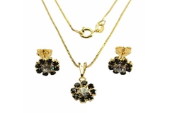 Conjunto Flor Pétalas Strass Pretas Folheado Ouro c/Caixa - CJFO0030 - comprar online