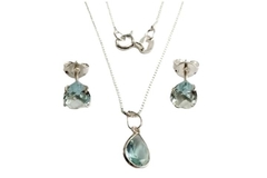 Conjunto Gota Pedra Verde Aqua Traslúcida Prata 925 c/Caixa - CJPR0005 - facejoias.com.br