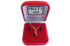 Conjunto Gota Pedra Preta Prata 925 c/Caixa - CJPR0011