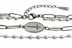 Pulseira Dupla Elos largos com Cruz e Pulseira de Micro Pérolas Aço - PLAÇF0053 - comprar online