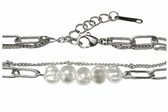 Pulseira Dupla Elos largos com Pérolas Irregulares e Pulseira Micro Bolinhas Aço - PLAÇF0054 - comprar online