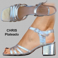 Sandalias de 5 cm de Taco Modelo Chris, Tiritas en empeine y hebilla en talón en Plata 41 al 45