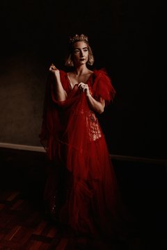 Vestido Red Garden - vestido 2 peças: vestido silhueta sereia rosê em tecido glitter e vestido sobreposto em tule ilusione vermelho. na internet