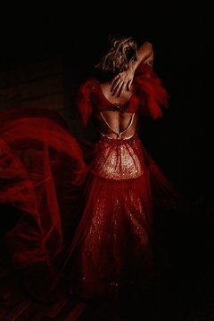 Vestido Red Garden - vestido 2 peças: vestido silhueta sereia rosê em tecido glitter e vestido sobreposto em tule ilusione vermelho. - loja online