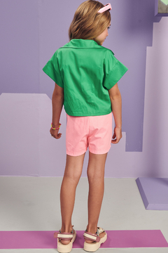 Trio de Top Cropped em Canelado e Shorts em Sarja com Camisa Boxy em Tricoline Infanti - Tinella Kids