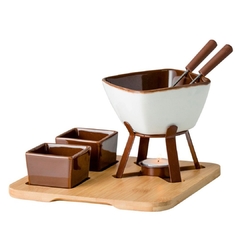 APARELHO DE FONDUE COM BASE DE BAMBU - 8 PEÇAS