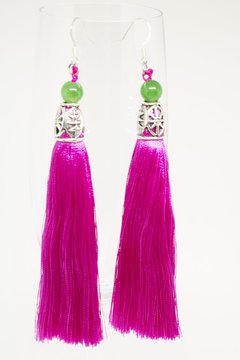 Brinco Tassel Rosa com Prata e Pedra Ágata Verde