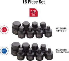 Set 16 Tubos Cortos Allen 6 - 19mm Y 1/4 - 3/4 Enc.3/8 alto impacto Sunex - comprar online