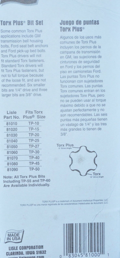 Set 9 Puntas Torx Plus Tp15 A Tp50 En Tubo Enc 1/4-3/8 Lisle - AYR Tools