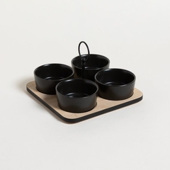 SET X 4 COPETINEROS DE PORCELANA REDONDOS BASE BAMBOO NEGRO