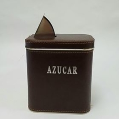 Lata azucarera cuerina marrón grabada