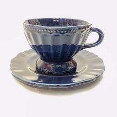 Taza y plato cerámica azul