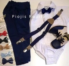 Traje 4P bautismo casamiento pantalón de vestir chupin azul moño tiradores azules y zapatos - comprar online