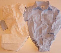 Set conjunto traje bautismo body camisa manga larga celeste y pantalon