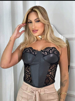 Corset Cirrê Tomara que Caia Renda Amarração nas costas Sensual Festas Feminino com Bojo