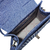a imagem mostra a frente de uma bolsa baú com alça tiracolo e de mão em tecido jeans azul