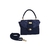 a imagem mostra a frente de uma bolsa feminina estruturada tiracolo com alça de mão azul marinho pequena