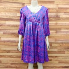 vestido em cetim estampado azul e pink - comprar online