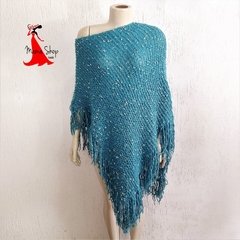 poncho em tricot azul petróleo
