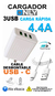 CARGADOR LETS 4.4A 3 USB CON CABLE CARGA RAPIDA en internet