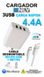 CARGADOR LETS 4.4A 3 USB CON CABLE CARGA RAPIDA - comprar online