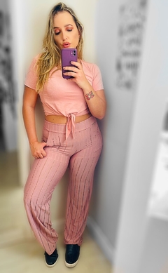 Calça rosa malha com furinhos