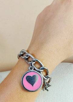 Pulseira elos prata com pingente coração rosa - comprar online