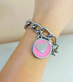 Pulseira elos prata com pingente coração rosa