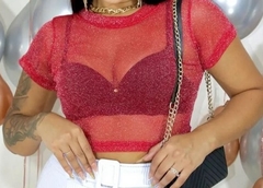 Cropped tule vermelho com brilho