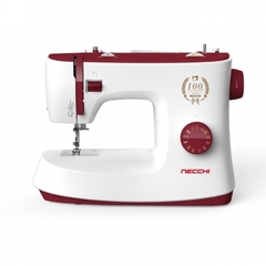 Máquina de coser Necchi blanca y roja, con diseño moderno y un dial para seleccionar funciones.