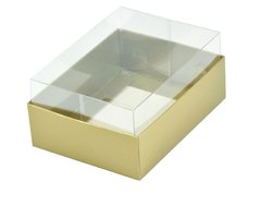 Embalagem para macaron ouro com tampa alta transparente.