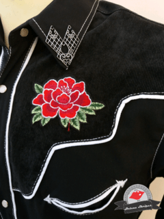 Camisa Western Masculina - P&B Veludo Cotelê com Flores Aplicadas - comprar online