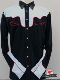 Camisa Western Masculina - P&B/ Pespontos Vermelhos