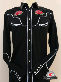 Camisa Western Masculina - P&B Veludo Cotelê com Flores Aplicadas