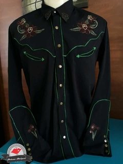 Camisa Western Bordado Flores Bordô/ Verde