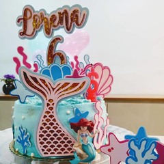 Topo de bolo sereia em camadas 3D com 20 elementos decorativos