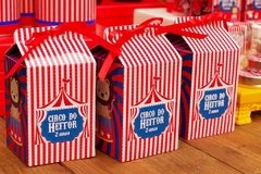Kit com 15 caixinhas milk com fita e personalizadas - tema Circo